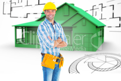 Composite image of portrait of manual worker standing arms cross