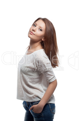 Smiling beautiful girl isolated on white, close-up