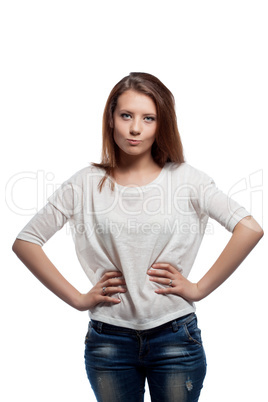 Funny young brunette posing at camera, close-up