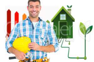 Composite image of smiling handyman holding hardhat and hammer