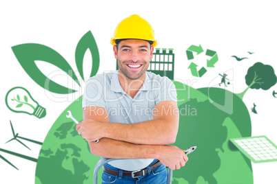 Composite image of handyman with hand tools on step ladder