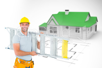 Composite image of portrait of smiling repairman carrying ladder