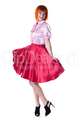 Image of cheerful woman posing in blouse and skirt