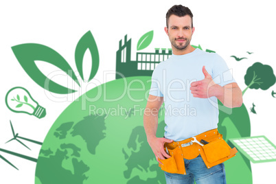 Composite image of handyman wearing tool belt with thumbs up