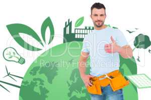 Composite image of handyman wearing tool belt with thumbs up