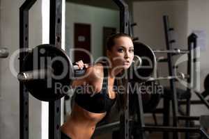 Beautiful brunette posing exercising with barbell