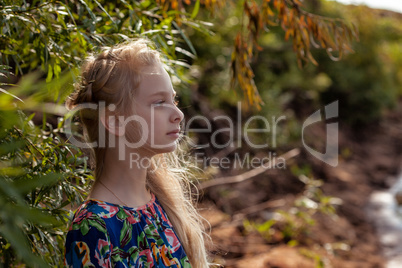 Profile of dreamy young girl posing with tree
