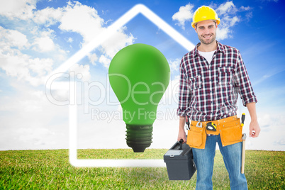 Composite image of happy male hanyman carrying toolbox