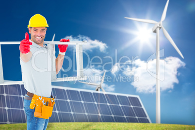 Composite image of smiling handyman carrying ladder while gestur
