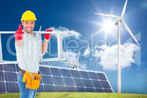 Composite image of smiling handyman carrying ladder while gestur