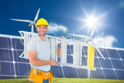 Composite image of portrait of smiling repairman carrying ladder