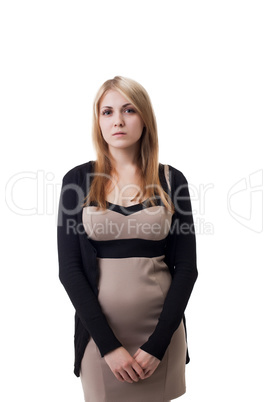 Beautiful sad woman posing in casual dress