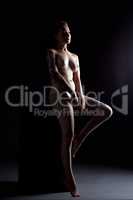 Nude woman with tattoos posing sitting on cube