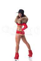 Hot brunette posing in red track suit with fur