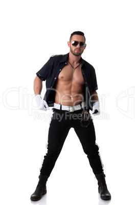 Image of sexy muscular cop posing at camera