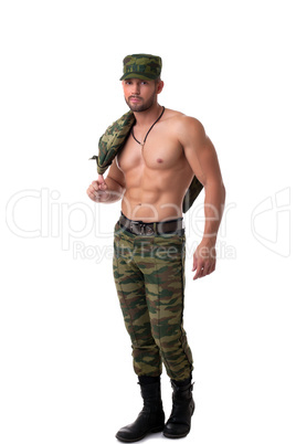 Sexy half-dressed soldier posing at camera