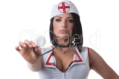 Portrait of sexy unsmiling nurse with stethoscope