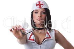 Portrait of sexy unsmiling nurse with stethoscope