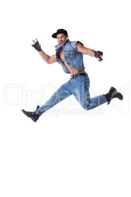 Studio shot of cheerful bearded man posing in jump