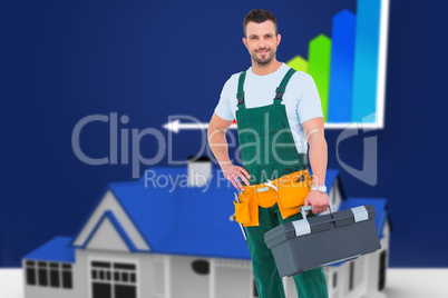 Composite image of smiling carpenter with toolbox