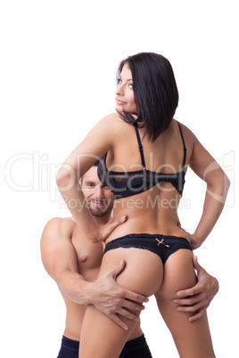 Image of glad man hugging with hot brunette