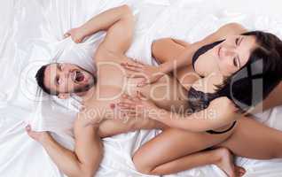Top view of passionate European couple having sex
