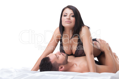 Image of excited man fondles his busty lover