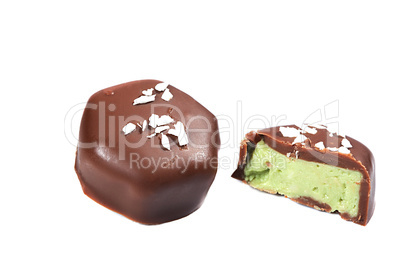 Delicious chocolate candy with pistachio filling