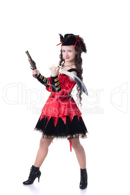 Pretty girl dressed as pirate, isolated on white