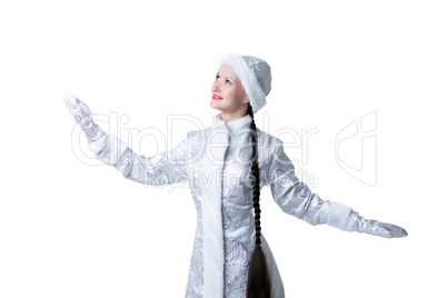 Portrait of smiling girl dressed as Snow Maiden
