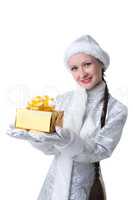 Cute Snow Maiden posing with gift box