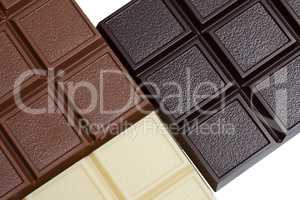 Bars of white, milk and dark chocolate, close-up