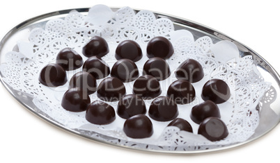 Tray of delicious chocolate sweets, close-up