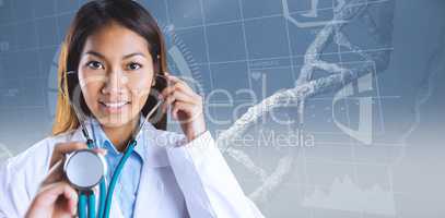 Composite image of asian doctor holding her stethoscope