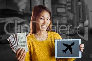 Composite image of smiling asian woman showing tablet and bank n