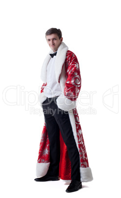 Elegant man posing in coat of Santa Claus
