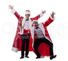 Cheerful men dressed as Santa Claus