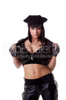 Grinning sexy police woman, isolated on white