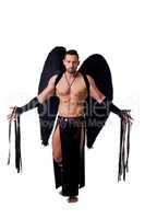 Male stripteaser dressed in suit of fallen angel