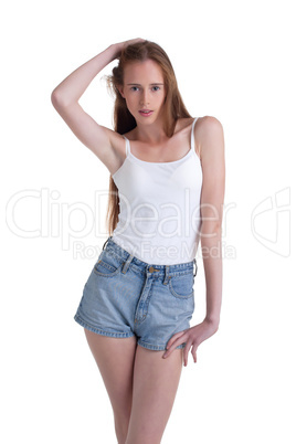 Long-haired skinny model isolated on white
