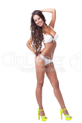 Happy slim model shows erotic white lingerie