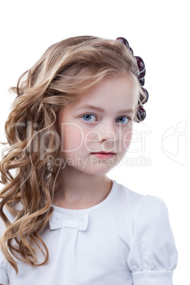 Portrait of cute freckled girl, isolated on white