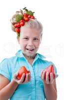 Funny girl with tomatoes, isolated on white