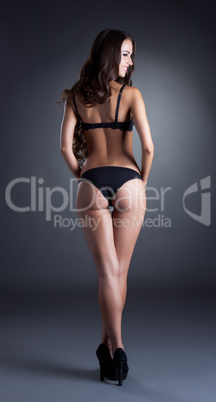 Rear view of alluring model posing in lingerie