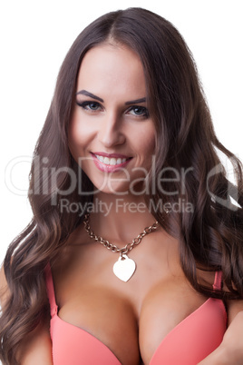 Portrait of smiling beautiful girl in pink bra