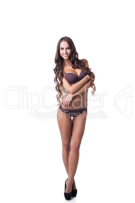 Smiling leggy model advertises erotic underwear