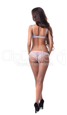 Rear view of brown-haired model in erotic lingerie