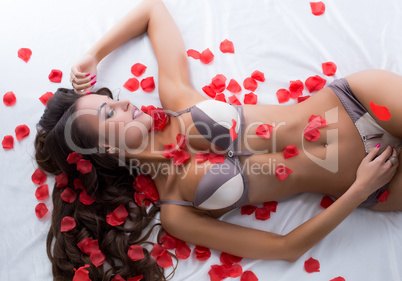 Dreamy model luxuriating on sheet with rose petals