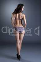 Rear view of slender woman posing in lingerie