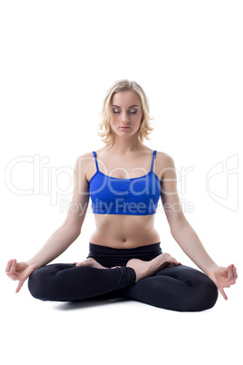 Beautiful woman meditates, isolated on white